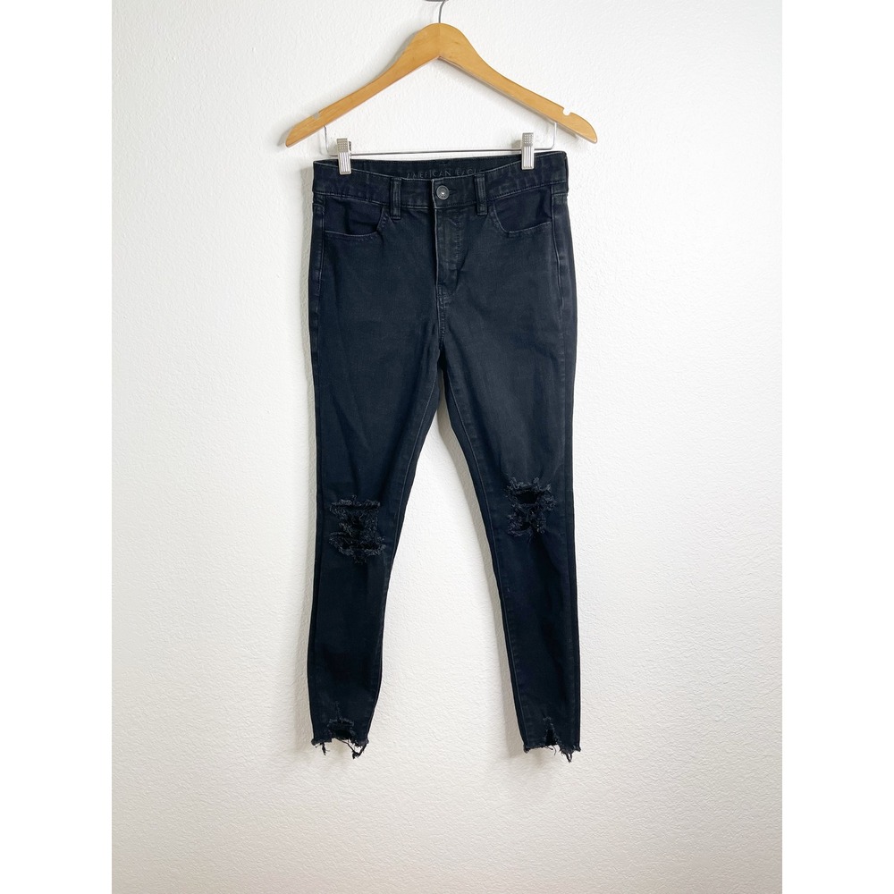 American‎ Eagle Hi-Rise Jegging Black Distressed Raw Hem Skinny Jeans 8 Long